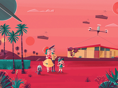 Mars III We Transfer background 50s characters family future illustration ilustración mars palms retro vectorial