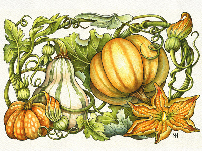 Botanical Weave on postcard botanical painting postcard pumpkin watercolor