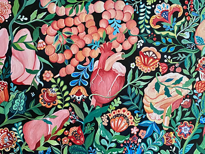 "Vitality", Acrylic, 24" x 48' acrylic acrylic paint acrylic painting body brain colorful art colorful painting floral illustration folkart human body internal organs intestines kidney liver lungs medical medical art medical illustration organs painting