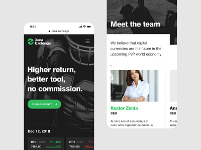 Xena — Mobile Website Pages clean content corporate crypto crypto currency design green grid index page ios iphone minimal mobile mobile website mobile website design simple typography ui web website