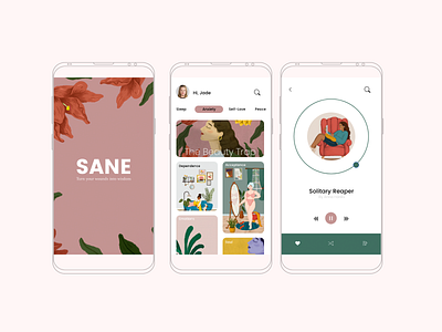 SANE-Women mental health podcast anndroid anxiety app calm female health graphicdesign illustration ios meditation mental health mobbile app podcastapp ui ui design uiux user experience user interface ux design web women empowerment