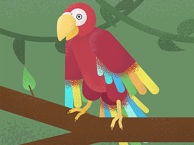 A large red parrot, against the backdrop of the jungle. bird eye head jungle leaflet parrot pen red tail tree wings