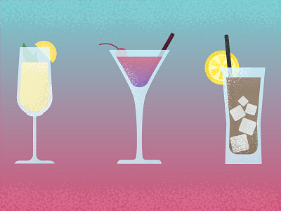 Three kinds of alcoholic drinks. alcohol berry binge champagne cocktail drink glass ice lemon mint pink yellow