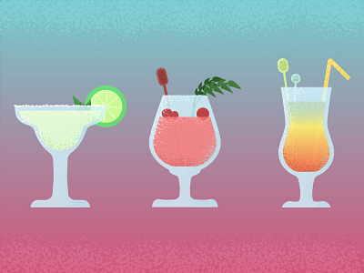 Three kinds of alcoholic drinks. alcohol berry binge cocktail drink glass green lime mint orange pink salt