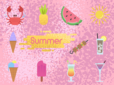 Summer icons. barbecue beverages crab hot ice cream icons meat pineapple pink recreation summer watermelon