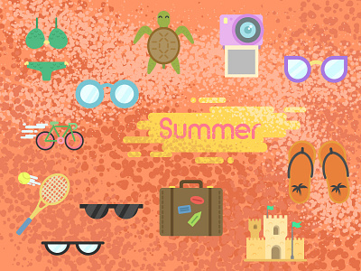 Summer icons. bike camera hot icons recreation sand castle spectacles suitcase summer swimsuit tennis turtle