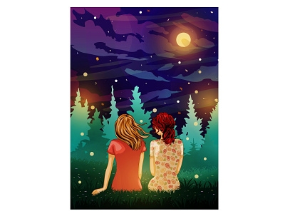 Friends sitting in nature art artwork colorful creative design digital fantasy friends friendship girls illustration illustrator landscape magical nature night sky trees vector woman