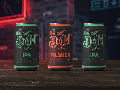 The Dam Beer Cans bar beer branding can design dive bar logo restaraunt typography