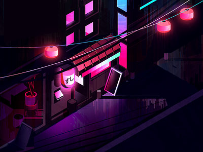 at night blade runner cyberpunk hot pinks isometric much colors oh wow neon blues