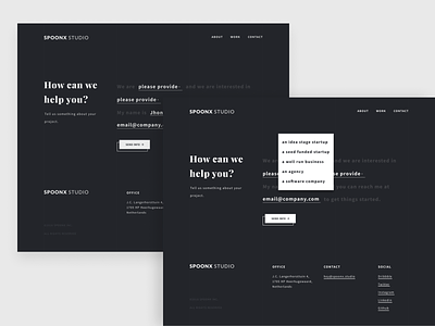 SpoonX Studio Contact Page 📮 agency black and white clean contact creative dark design form minimal typography ui ux