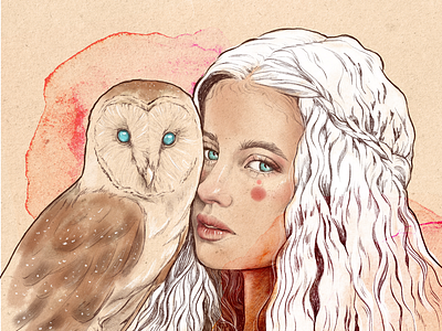 Owl and girl acuarela arte búho cara chica editorial ilustración ilustración animal ojos portrait retrato