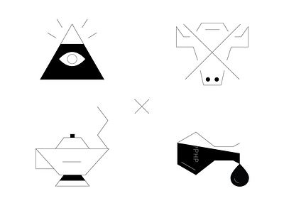 Abstract geometric icons for a dev team black and white bull chemistry eye geometric greek iconography lab lamp minimal pyramid