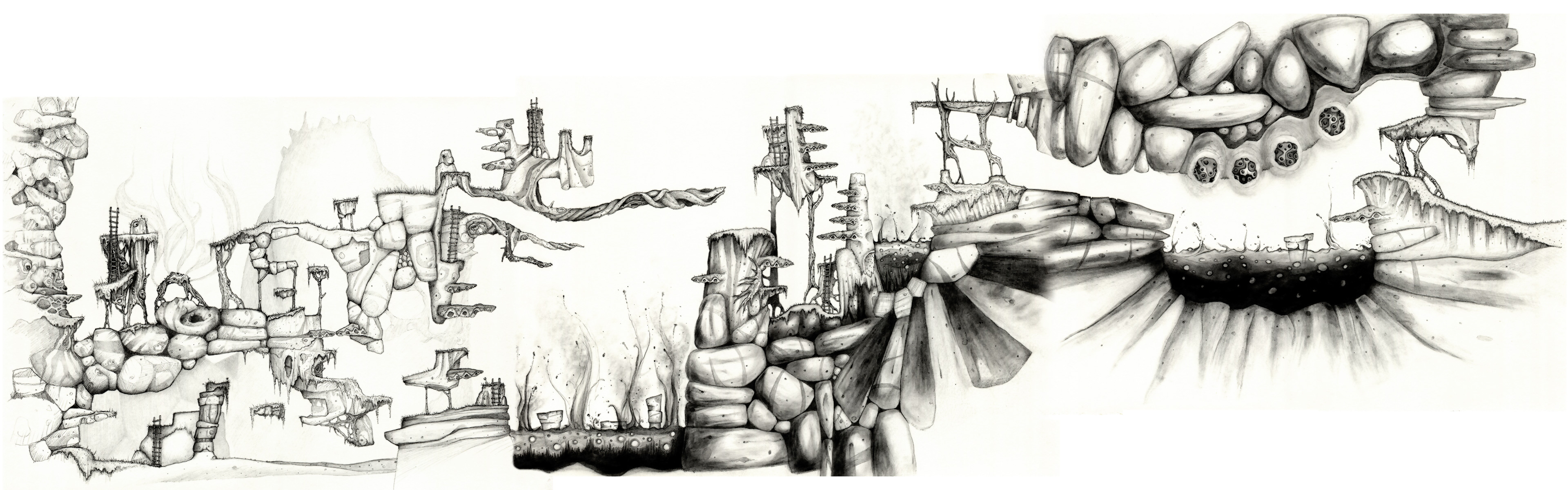 Composited hand-drawn (pencil) platform game level design