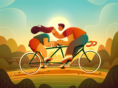 Summer, love, bicycles. bicycle couple design illustration landscape love man nature photoshop summer vector woman