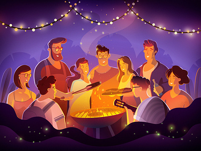 Enjoy the barbecue time 2d art barbecue bbq camping design friends fun happy illustration people summer team vector