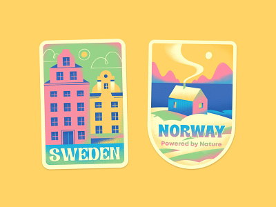 Sweden & Norway badge city fjerd illustration label mountains nature north norway old buildings sea small sticker sweden travel vector