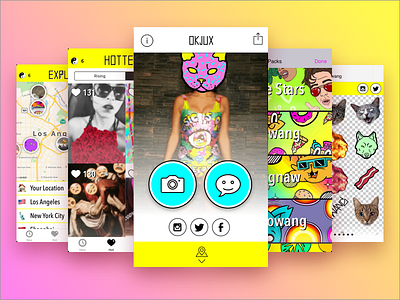 Okjux - Location based photo sharing and discovery. iphone app mobile ui social media sticker app