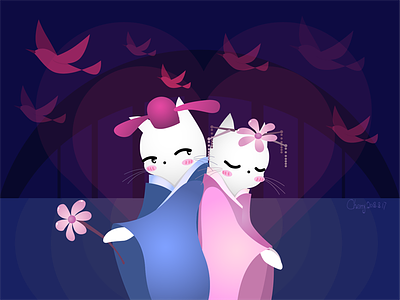 Happy Chinese Valentine's Day bird cat couple flower illustration lover magpie shy valentines day
