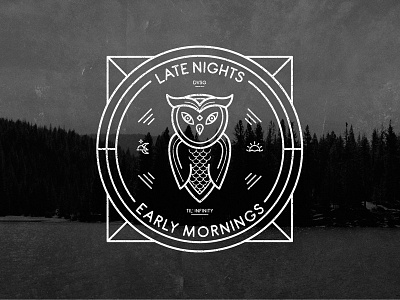 Late nights, early mornings II animal emblem forest illustration lake looptroop moon owl stamp sun typography water