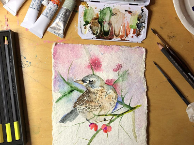 The bird birds blue design flowers green grey illustration inspiration nadja wedin nature paint brush painting paintings pink