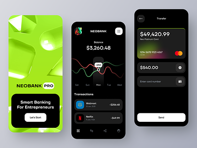 Neobank Mobile App Concept app app design balance banking banking app card fintech fintech app graphs mobile mobile app mobile app design mobile ui mvp neobank onboarding ronas it transaction ui ux