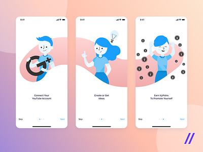 Illustrated Characters for Onboarding Flow adobe xd bloggers blue characters cuberto design flow ideas illustration mobile onboarding social media ui ux video app