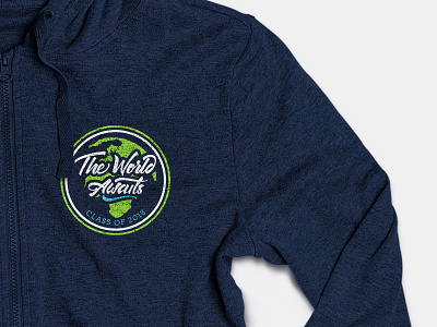 The Worlds Awaits, 2018 Class Logo apparel graphics apparel logo brand and identity globe hoodie hoodie mockup illustration logo logo design tshirt art typography world