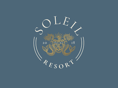 Soleil Resort anchor anchor logo aquatic brand and identity branding crest logo gold logo logo design mermaid mermaids nautical ocean resort serif serif logo soleil typography