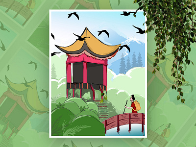 Travel Illustration birds cart chin design green illustration man travel trees trip ui web