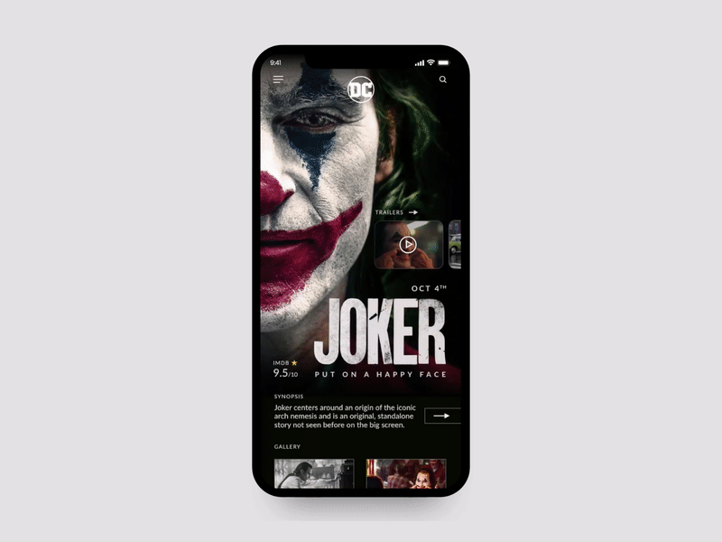 Joker mobile web concept adobe xd adobexd batman dark dccomics design joker jokermovie landing page movie app ui warner bros website