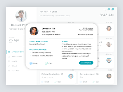 Telemedicine Doctor's Portal - Appointment Summary appointment appointments card card design clean clean design clean ui clinic clinical ehr medical medical app medical design patient card patients popup profile telemedicine white white ui