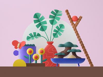 Plant composition 2d 3d butterfly c4d cinema4d design flat flower geometry graphic green icon illustration minimal pattern plamtree plants rope trees vase
