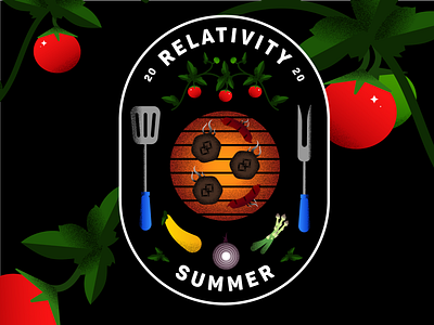 Relativity Summer Badge asparagus badge blue green grill grilling illustration leaf onion plant plants red squash summer texture tomato vector vegetable vegetables yellow