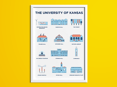 University of Kansas Poster art blue buildings crimson design education fountain highered iconic illustration illustrator kansas ku letterpress poster print university yellow