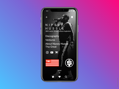 Nipsey Hussle Artist Page 💙🏁 app development artist page crenshaw dailyui ios mobile music music app nipsey hussle rap