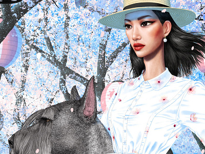 CHERRY BLOSSOM GIRL WITH DOG cherry blossoms fashion fashion illustration illustration sakura schnauzer spring