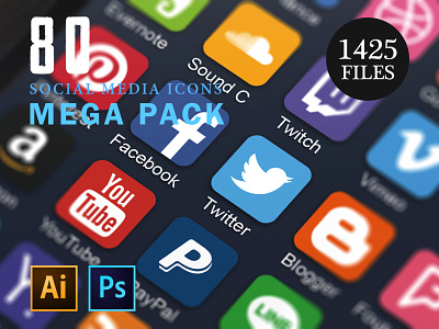 80 Social Media Icons Mega Pack - Download bundle design download dribbble facebook flat flat icons graphic design icon icon set icons illustrator instagram photoshop psd set social social media twitter vector