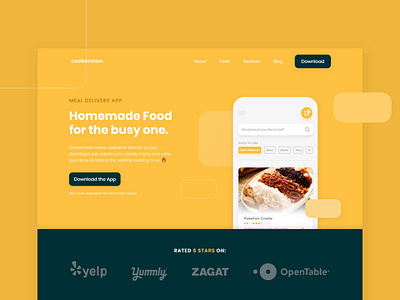 Cookerinoo - Landing Page app website delivery food food app landingpage meal phone mockup shapes ui yellow