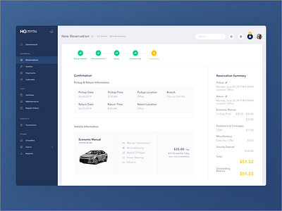 HQ Rental Software App billing car rent car rental checkout list list view listing lists rental process ui