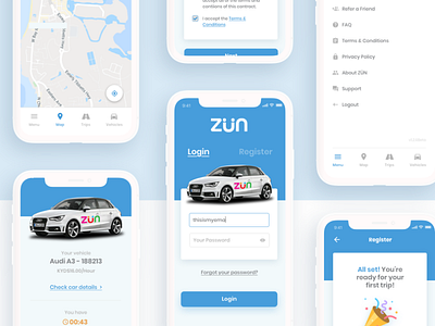 ZÜN Car Sharing App app app design car rental car rental app car sharing app case study location maps screens startup uxdesign uxui vehicle rental