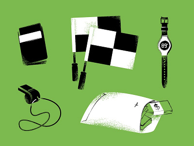 Referee essentials bribe fifa flags football green illustration referee shading soccer texture vector whistle