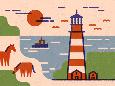 Shinkoteeg assateague boat chesapeake chincoteague delmarva eastern shore horses illustration justin tran lighthouse sun virginia