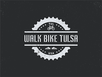 Walk Bike Tulsa badge bike bike lane branding crank crosswalk cycling design illustration logo oklahoma road shoe sprocket stencil street transit tulsa walkability walking