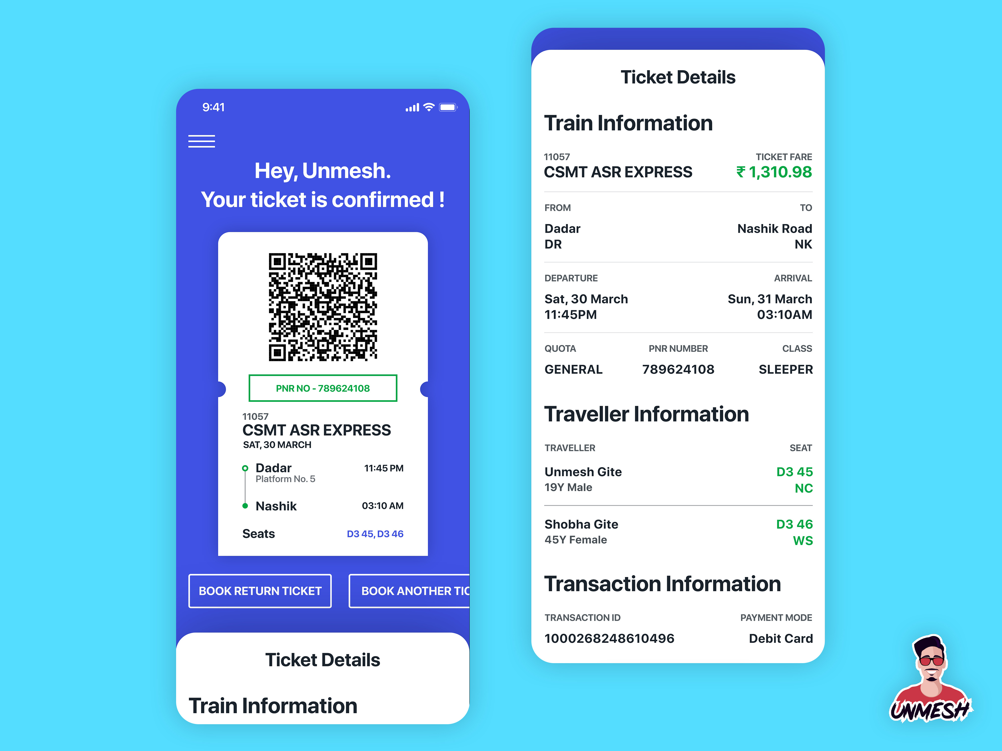 Confirmed Ticket Screen Train Ticket Booking App by Unmesh Gite on Dribbble
