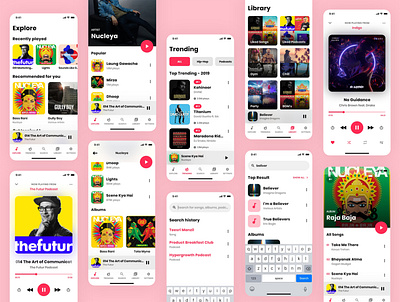 Music App UI Kit - All Screens adobexd app app design dailyui design flat free ui kit madewithadobexd minimal mobile music app music app ui music player ui uiux ux ux design