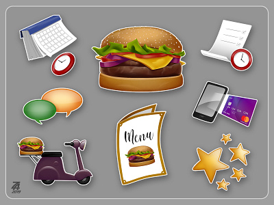 Stickers application contact delivery hamburger illustration photoshop reservation special stars sticker sticker set
