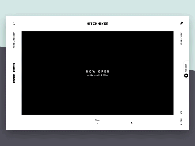 Hitchhiker Homepage v2 e commerce fashion hero section interaction website animation work in progress