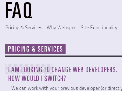 FAQ black faq heading navigation purple questions redesign title underline univers website webspec