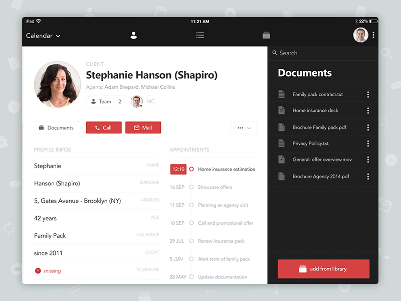 iPad app - Generali: Clients management animation calendar crm documents gif interaction library list profile ui ux widget