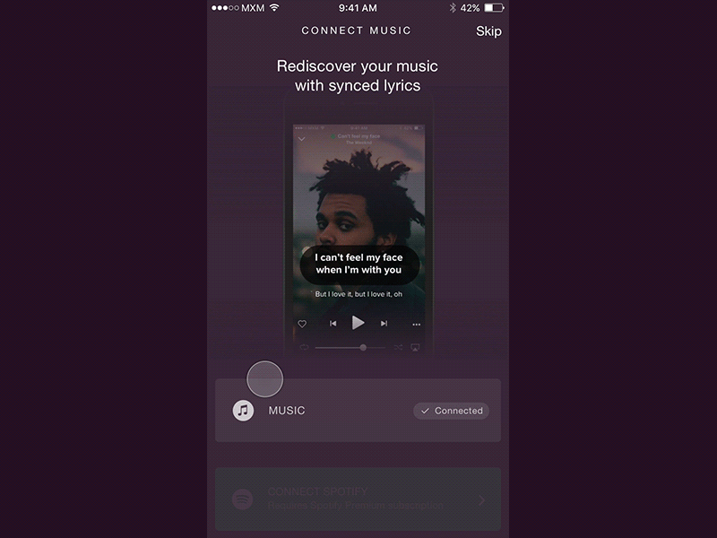 Connect Spotify clean material ios app prototype ux ui mockup tour flow onboarding spotify